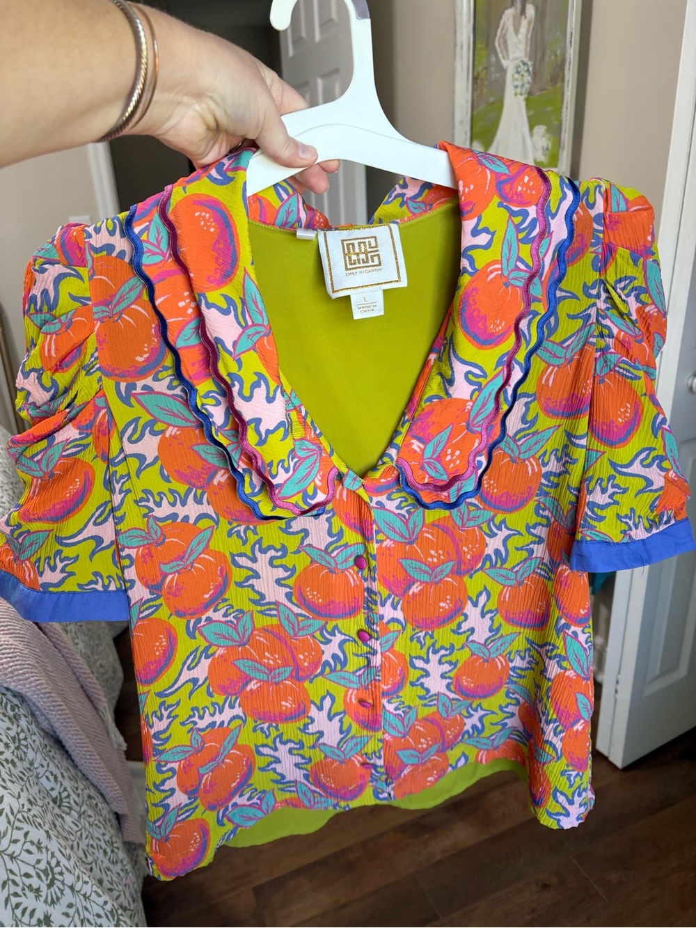 Emily McCarthy Orange Fruit Print Ruffle Collar Blouse Top Size L Colorful
